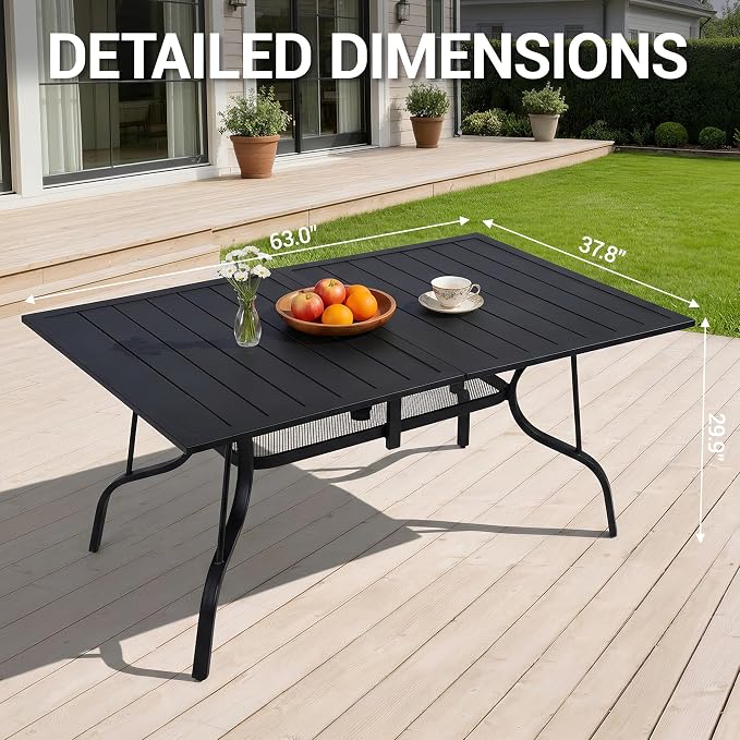 Outdoor Patio Dining Table for 6 People, 63" x 38" All-Weather Resistant Metal Rectangle Table with Adjustable Umbrella Hole for Garden Backyard Porch Poolside, Black
