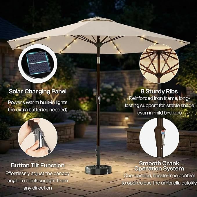 10FT Solar Lighted Patio Umbrella, Outdoor Table Market Umbrellas with Push Button Tilt and Crank, 32 LED Lights, 8 Sturdy Ribs, UV-Resistant for Deck, Garden, Pool