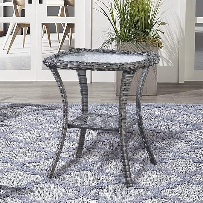 Belord Rattan Patio Side Table, 2 Tier Hand Woven Wicker Bistro Table, 5 mm Frost Glass Top Square Table, Grey Wicker
