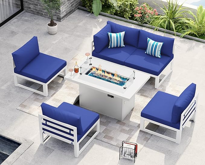 NICESOUL 6 Piece Modern Aluminum Patio Furniture Set with Fire Pit Table, 500 lbs Heavy Duty Outdoor Sectional Sofa, 29" Deep Wide Oversized Seating Conversation Couch for Garden Exterior, Navy Blue