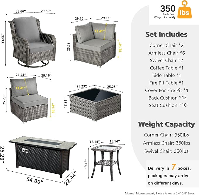 HOOOWOOO Outdoor Patio Furniture with Fire Pit Set 13 Pieces Patio Set with Fire Pit Wicker Outdoor Furniture with Fire Pit Table Set Patio Sectional Set with Swivel Chairs,Dark Gray