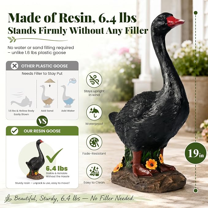 GIGALUMI 19" Large Porch Black Goose Statue, Durable Resin Garden Decor, Hand-Painted Animal Sculpture Indoor Outdoor, Patio Lawn Yard Art Ornaments, Birthday Housewarming Gift for Women Mom Grandma