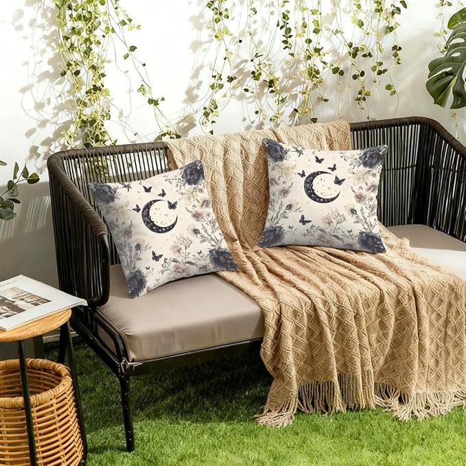 22x22 Inch Outdoor Pillow Covers Set of 2 Waterproof Throw Pillow Covers Decorative Couch Cushion Covers Boho Moon Floral Square Pillowcases Protectors for Patio Garden Sofa