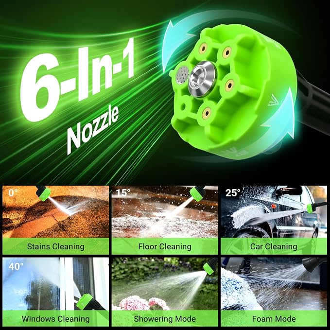 Cordless Washer, 5 Gear Brushless Washer for Car Washing, Patio, Fence, Driveway, Outdoor Cleaning， with 2 Batteries, 6 in 1 Nozzle, 6 Meter Hose, Tap Adapter