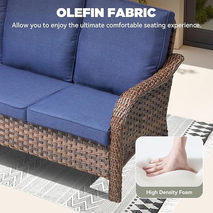 3 PCS Patio Furniture Set, 2 Outdoor Wicker Sofas with Coffee Table, 4-Inch Thick Olefin Cushions & Curved Armrests, 300 lbs Capacity Rattan Conversation Set for Porch, Garden, Blue