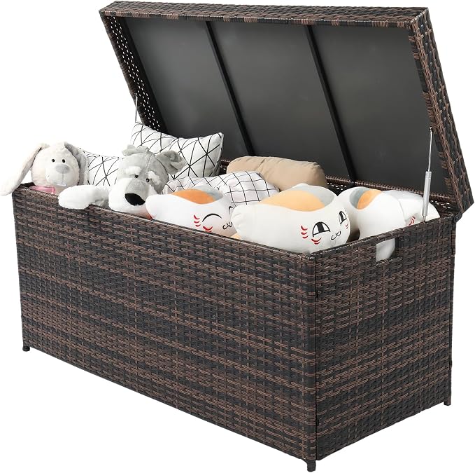 Outdoor Wicker Storage Box, 132 Gallon Patio Rattan Deck Box, Wicker Storage Bench for Indoor, Outdoor, Pool, Balcony, Yard, Garden