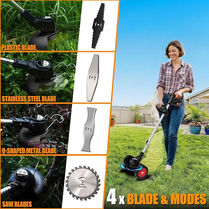 Electric Weed Wacker Eater Battery Powered 3 in 1 Cordless Weed Trimmer 2 21V Battery Operated with 4 Types Blades & Wheels, No-String Grass Trimmer/Lawn Edger/Brush Cutter for Garden Yard