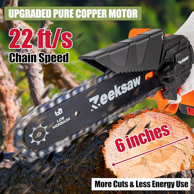 ZEEKSAW Mini Chainsaw 6 Inch Cordless, Super Handheld Chainsaw with 2x Big Batteries, Electric Mini Chain saw Battery Powered, Small Hand saws for Tree Wood - Garden Yard Time Saving Tool