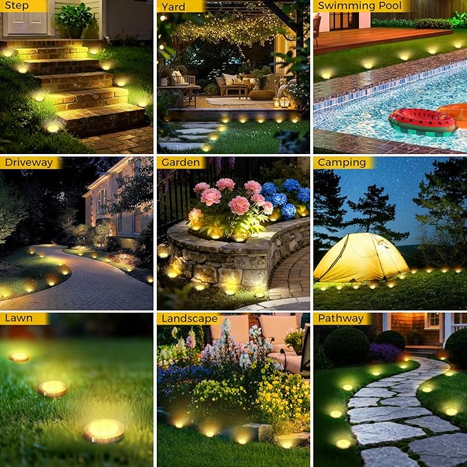10 Pack Solar Ground Lights Outdoor, 8 LED Mini Flat Solar Disk Lights, IP65 Waterproof Anti-Rust Disc Light, Landscape Lighting for Garden Pathway Yard Walkway Driveway Lawn,Warm White