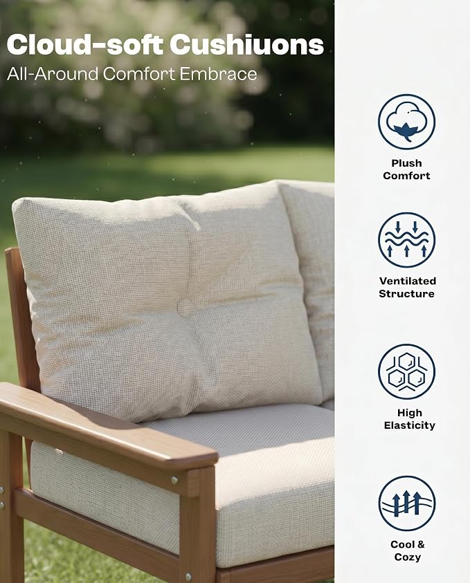 3-Piece Teak Outdoor Sofa Set, 3×3-Seat HDPE Sofas with Thick Beige Cushions, Large Patio Conversation Seating for Backyard, Deck, Garden