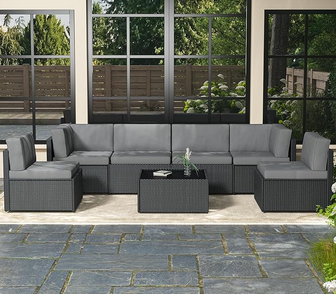 AECOJOY 7 Piece Outdoor Patio Furniture Set, Outdoor Sectional Conversation Furniture Chair with Coffee Table,Patio Sectional for Garden,Backyard(Grey Cushions and Black PE Rattan)