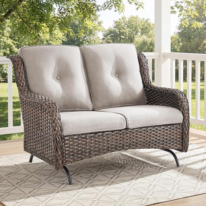 Patio Loveseat Sofa, Outdoor Wicker Loveseat with Luxury Thick Cushion, All-Weather Patio Furniture Set, Outdoor Glider Bench for Garden Balcony Backyard(Brown Wicker/Beige Cushion)