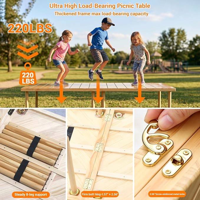 Upgraded Mini Low Wooden Folding Picnic Table with 8-Legs, Thick Varnished Tabletop, 44"×30" Portable Boho Beach Table with Table Runner for Yard, Camping, Indoor & Outdoor (Vertical Stripe)