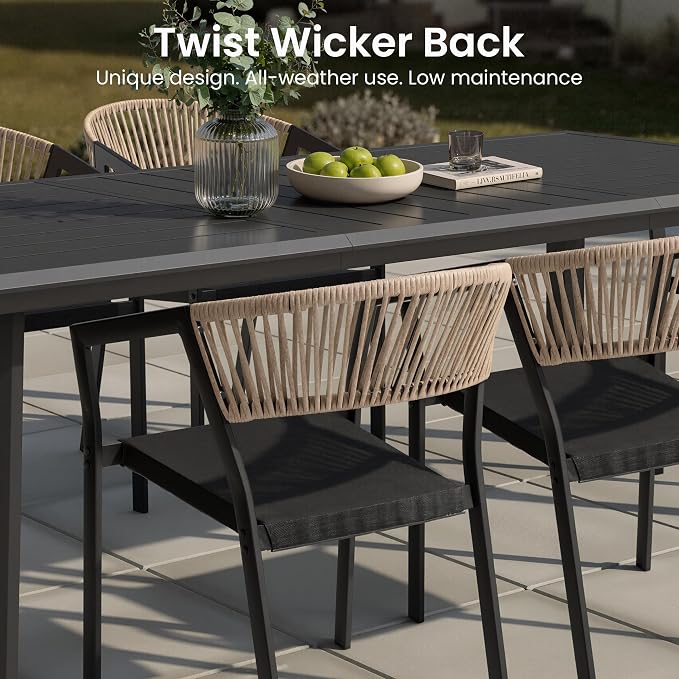 9-Piece Aluminum Square Patio Dining Set with 8 Stackable Wicker Chairs | 57" Outdoor Dining Table and with 8 Brown Barrel Chairs Weather Resistant Furniture for Backyard, Deck, Poolside