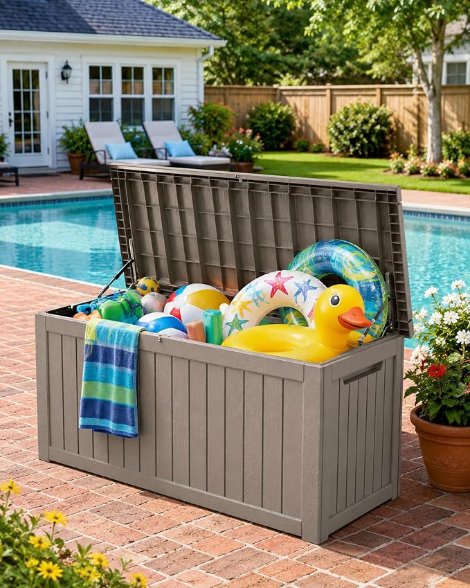 MAKINO 274 Gallon Large Waterproof Deck Box, Heavy Duty Resin Outdoor Storage Box, Outside Storage Bench with Hydraulic Rod for Patio/Cushions/Garden Tools/Backyard/Pool Accessories, Grey Brown
