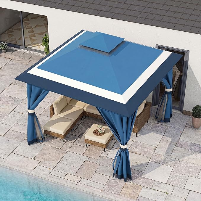 LAUSAINT HOME 10'x10' Outdoor Gazebo, Metal Frame Heavy Duty Patio Canopy Tent Shelter with Double Roofs, Mosquito Nettings and Privacy Screens for Backyard, Garden, Lawn, Steel Blue
