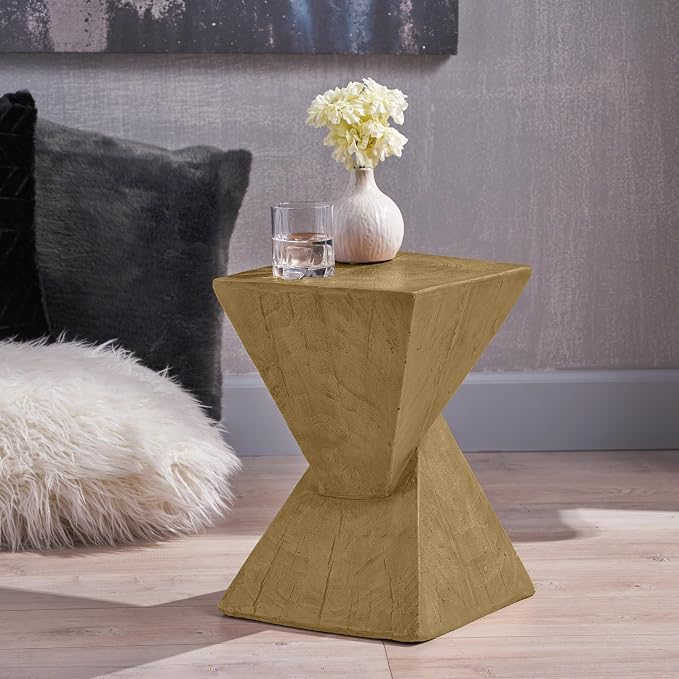 Merax Modern Concrete Side Table with Hourglass Design - Hand-Painted Wood Finish Accenttable for Indoor/Outdoor, Light Natural
