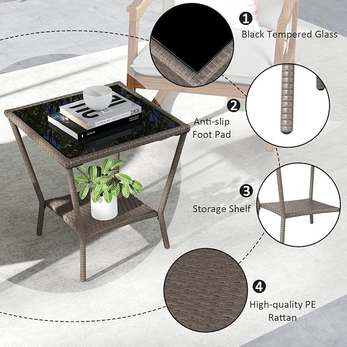 Kinfant Rattan Patio Side Table - Set of 2 Modern Wicker End Table, PE Rattan Coffee Table with Glass Top, Weather-Resistant Patio Furniture for Patio, Balcony, Garden, and Poolside (2, Sesame Brown)