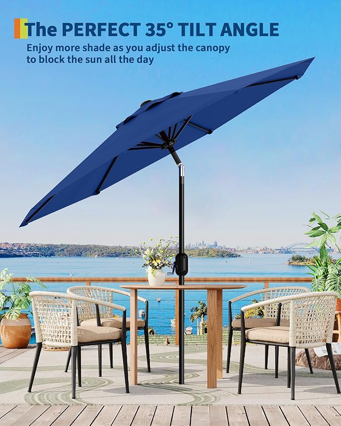 GarveeLife 10 ft Patio Umbrella, Outdoor Table Market Umbrella with Push Button Tilt and Crank, 8 Sturdy Ribs UV Protection Waterproof for Garden, Deck, Backyard, Pool (Navy Blue)