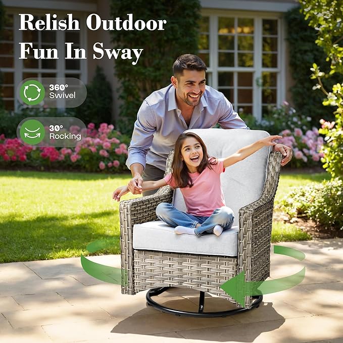 ovios 5 Piece Outdoor Patio Furniture with 3 Seat Sofa,Rattan Wicker Coversation Set with Swivel Rocking Chair,Balcony Sofa Set with Shiny Table for Outside Porch Backyard Pool, Light Grey