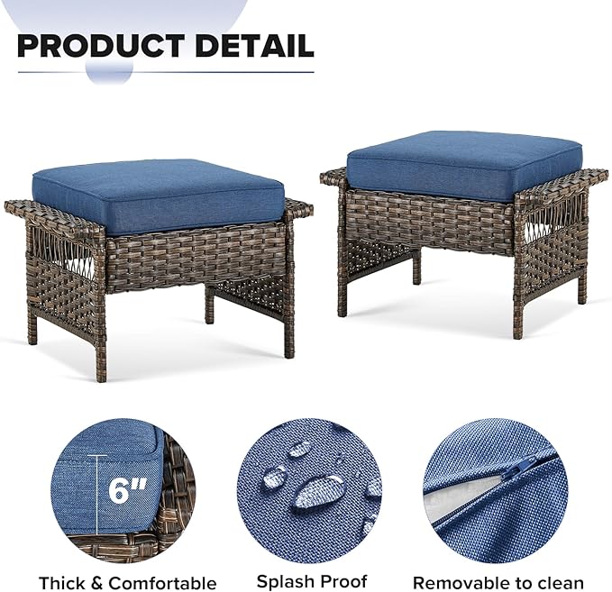 Outdoor Wicker Patio Furniture Set - 5 Piece Rattan Patio Conversation Sets with 2 Swivel Rocking Chairs,2 Ottomans and 1 Side Table for Porch Deck Garden(Brown/Blue)