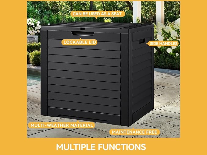 35 Gallon Louvered Outdoor Deck Box, Waterproof Resin Storage Box with Lockable Lid for Patio, Garden, Poolside Toys and Package Delivery