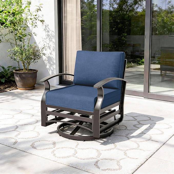 Gotland Outdoor Furniture, Metal Outdoor Swivel Chair with 5.1’’ High-Resilience Seat Cushions 6.2’’ Thick Back Pillow 29.5’’ Deep Seat Removable Cushions, Patio Furniture for Lawn, Porch, Navy