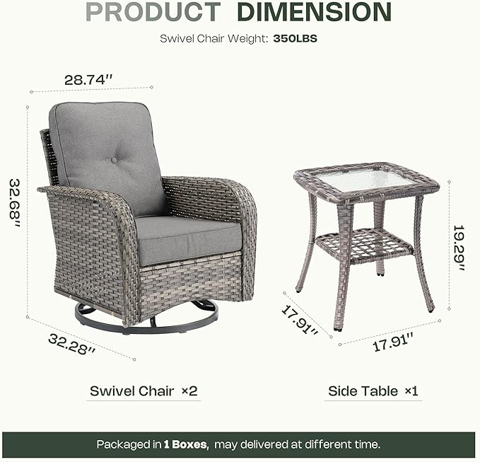 3-Piece Patio Furniture Set, Outdoor Wicker Furniture with Coffee Table, High Back Swivel Rocker Patio Chairs, Modern Rattan Outdoor Chairs Conversation Set for Porch, Balcony, Garden, Dark Gray