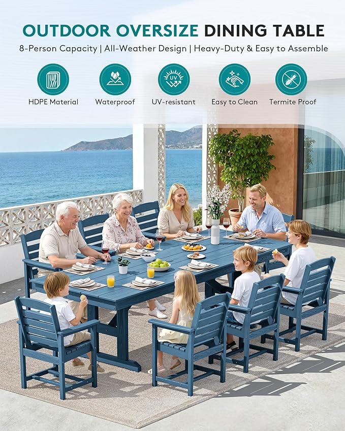 SERWALL 10 Piece Outdoor Dining Set with 15ft Triple-Head Foldable Umbrella(Based not Included), 84" HDPE Outdoor Table and Chairs for 8, Blue