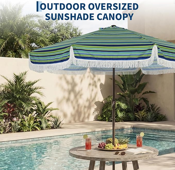 Garvee 10FT Fringe Patio Umbrella with Crank Handle, Push Button Tilt for Sun Shade, 8 Fiberglass Ribs,1.5"D Premium Steel Pole, Outdoor Large Tassel Umbrella for Patio Beach Pool Backyard,10' Stripe