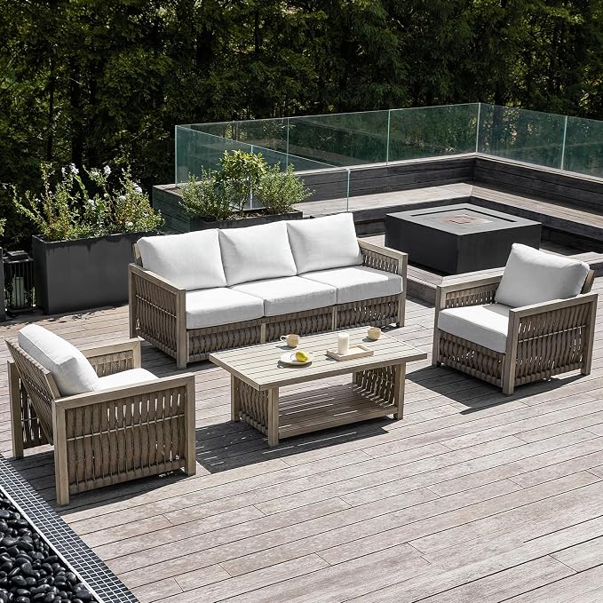 4-Piece Patio Furniture Set, Aluminum Outdoor Patio Conversation Set with Washable Cushions, Rope Weave Outdoor Furniture Sofa Set with Coffee Table for Deck, Poolside, Backyard, Gray Oak