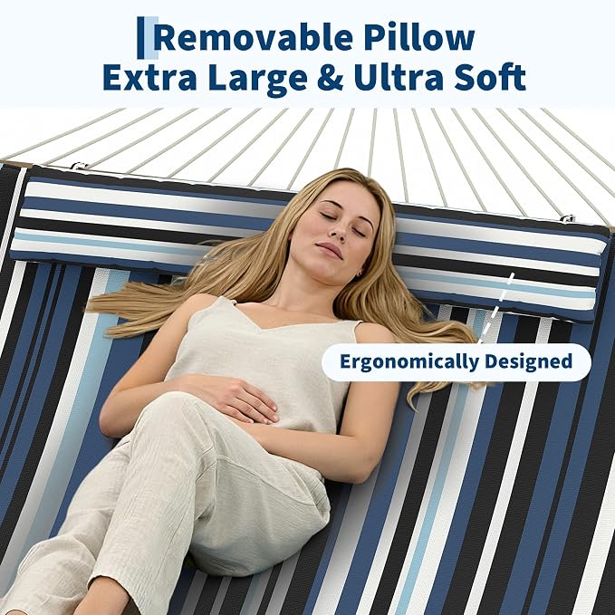 Garvee Double Quilted Fabric Hammock with Hardwood Spreader Bars and Pillow 450 LBS Capacity 2 Person Large Hammock for Outdoor Patio, Backyard, Poolside（Dark and Light Blue Stripes）