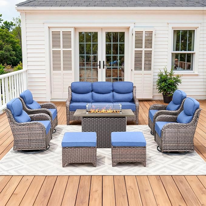 Luxury Patio Furniture Set with 42.5" Fire Pit Table, 8 Pieces High Back All Weather Wicker Outdoor Furniture w/ 6-Inch Thick Cushions, Patio Swivel Chairs Couch for Deck Balcony Backyard Brown/Blue