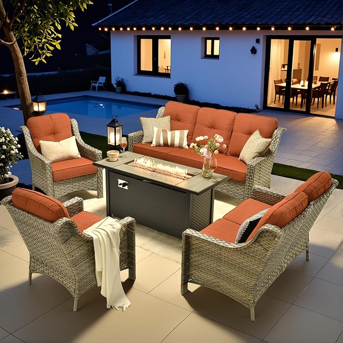 HOOOWOOO Patio Furniture Set,5 Pieces Wicker Outdoor Furniture,High Back Conversation Set with All Weather Resistant Fire Pit Table Couch Loveseat Chairs,Orange Red