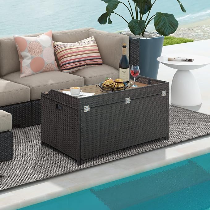 Tangkula 45 Gallon Outdoor Storage Bench, Mix Brown Rattan Storage Container with Zippered Liner, Acacia Wood Top Lid, Sturdy Gas Strut Support, 3-in-1 Multifunctional Deck Box for Front Porch, Garden