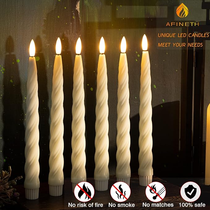 Flameless Taper Candles with 3D Wick, 9.6" Real Wax LED Candles with Remote and Timer, 3 Pack Flickering Candlesticks Battery Operated, Spiral Taper Candle for Home, Wedding, Party, Ivory