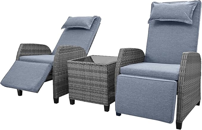 LUMISOL Outdoor Recliner Chairs Set of 2, 3 Piece Rattan Sofa Set, Patio Rocking Chairs Set with Adjustable Footrest, Outdoor Rattan Reclining Chairs with Table & Pillow for Backyard, Porch (Grey)