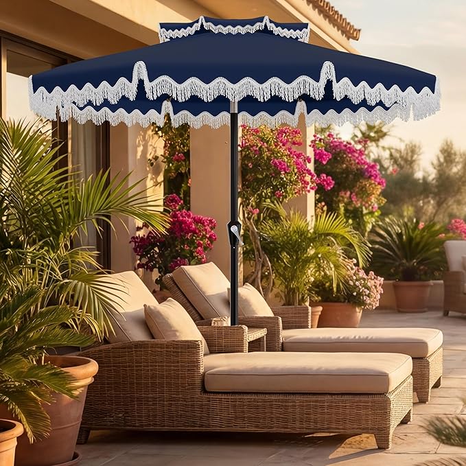 AreShark 9FT Patio Umbrella with Fringe, Wind-Resistant Fiberglass 8 Ribs Tassel Outdoor Umbrella with Crank and Push Button Tilt, Double Tier Vent Sun Shade for Pool, Deck, Backyard, Navy