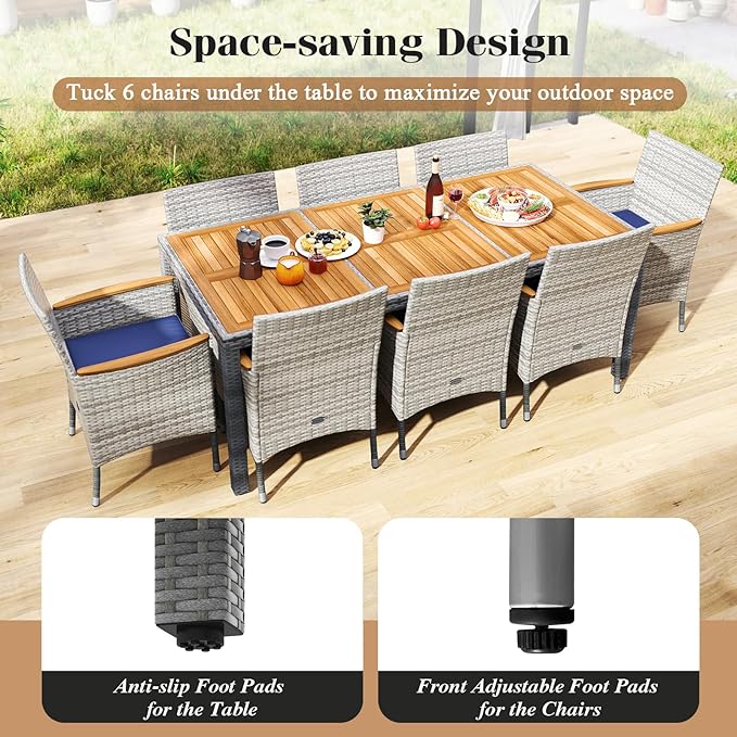COSTWAY 9-Piece Patio Dining Set for 8, Outdoor Rattan Wicker Table and Chairs Furniture Set with Umbrella Hole, Acacia Wood Tabletop for Backyard, Balcony, Poolside, Grey & Navy