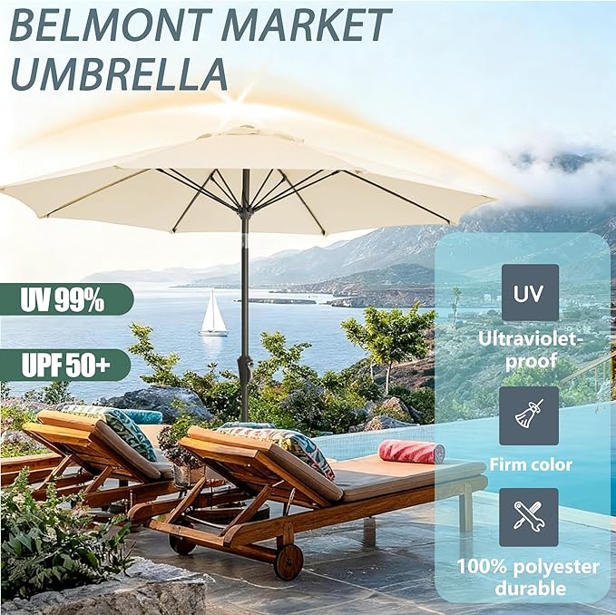 9FT Outdoor Patio Umbrella Outdoor pool Umbrella with Push Button Tilt and Crank, Market Umbrella 8 Sturdy Ribs UV Protection for Garden, Deck, Backyard (Beige)