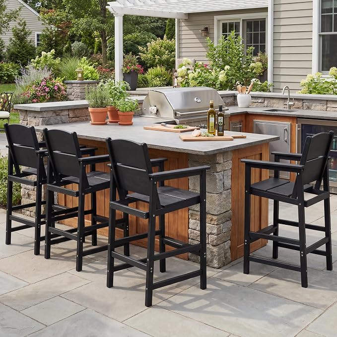 4 Pack HDPE Outdoor Bar Height Chairs, 28.5" All-Weather Patio Stools with Comfortable Armrests, Heavy-Duty Poly Wood High Top Seating for Outdoor Kitchen/Garden/Fire Pit/Backyard, Black