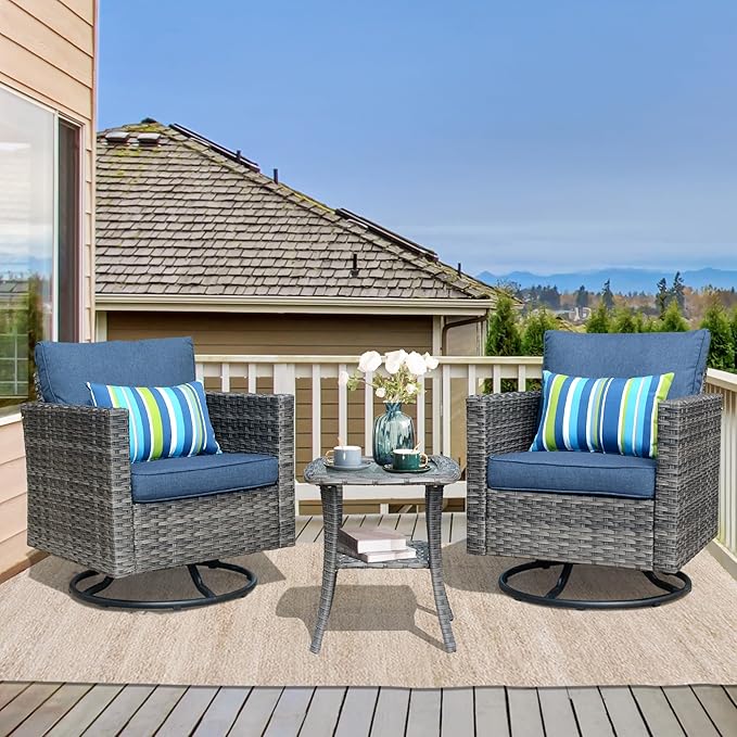 HOOOWOOO Wicker Outdoor Swivel Bistro Set for 2,3 Piece Patio Rocking Chairs and Table,All Weather Resistant Outside Out Door Rattan Rockers Furniture Set,Denim Blue