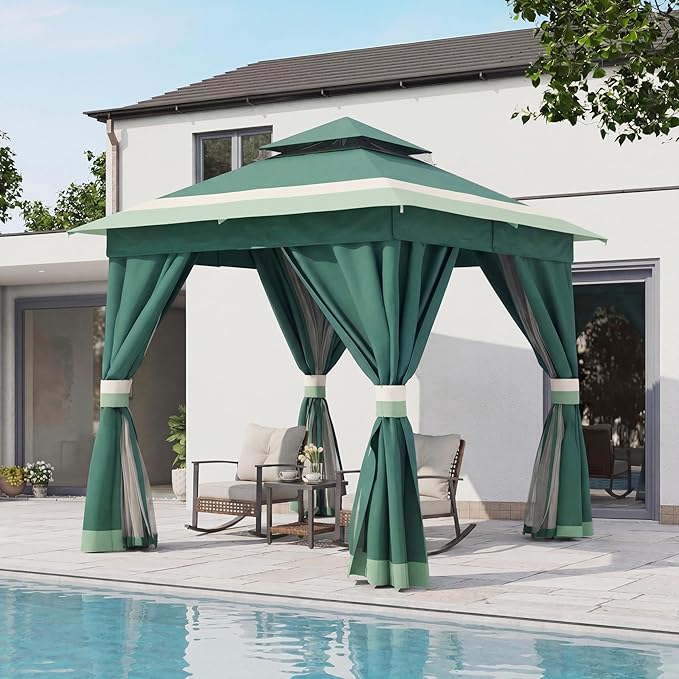 LAUSAINT HOME 8'x8' Outdoor Gazebo, Metal Frame Heavy Duty Patio Canopy Tent Shelter with Double Roofs, Mosquito Nettings and Privacy Screens for Backyard, Garden, Lawn, Forest Green
