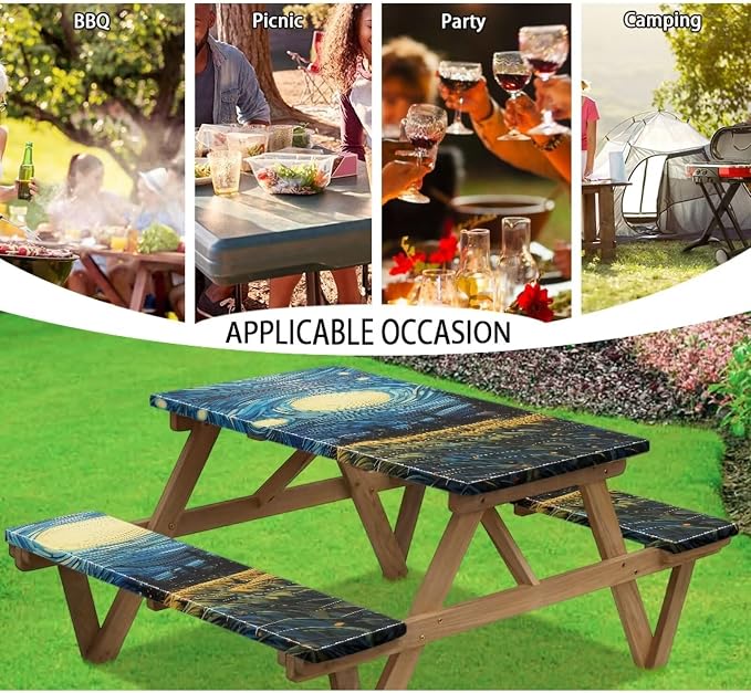 Van Gogh Starry Night Picnic Table Cover with Bench Covers Beach Camping Table Covers for 6 Foot Tables 3 Pcs Picnic Table Bench Covers Camping Essentials for Camper, 94x30 Inches