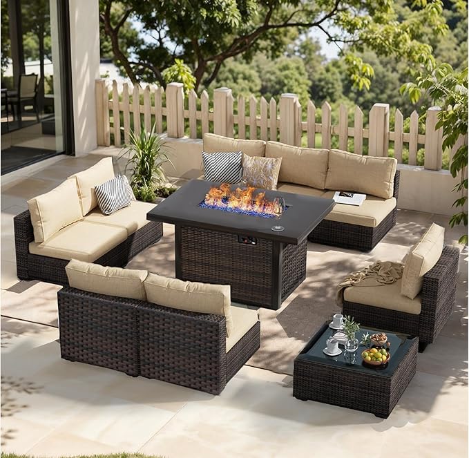Patio Furniture Set with Fire Pit Table 10 Piece All Weather PE Rattan Outdoor Sectional Sofa Couch with 8 x armless sofa, No-Slip Cushions and Glass Top Table for Garden, Poolside, Backyard (Beige)