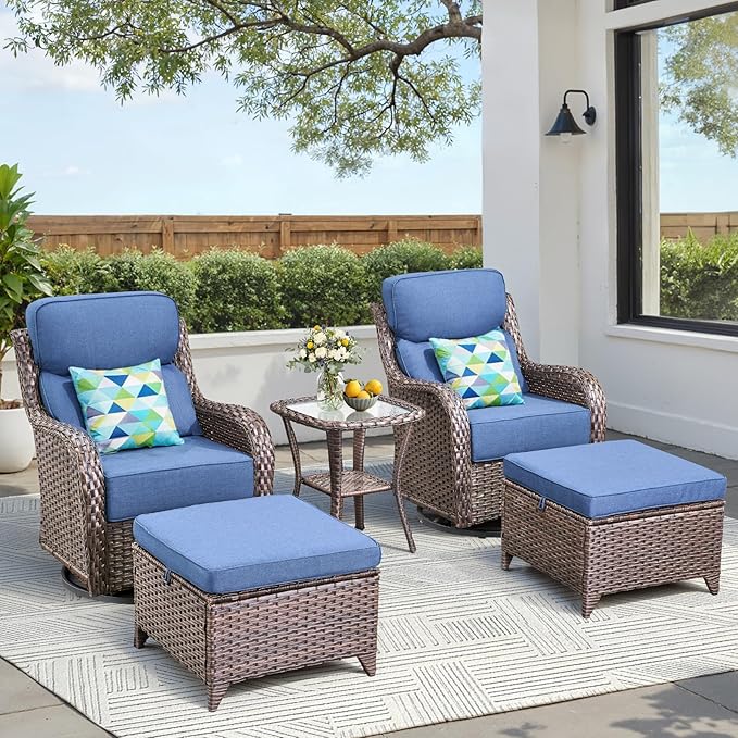 Luxury 5 Pieces Patio Furniture Set-Outdoor Swivel Rocker Patio Chairs with 6" Thick Cushions, Swivel Rocker Chairs with Ottomans & Side Table, Outdoor Conversation Sets for Porch Deck(Brown/Blue)