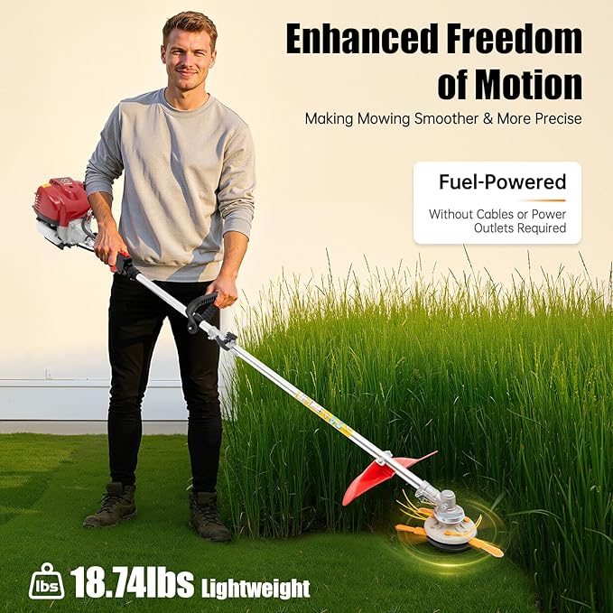 Bepritm 35.88CC Gas Weed Wacker, 4-Stroke String Trimmer/Edger with Dual Blade Head System & Shoulder Strap & Cordless Design, Powerful Brush Cutter for Garden/Yard/Urban Greening (35.88CC)