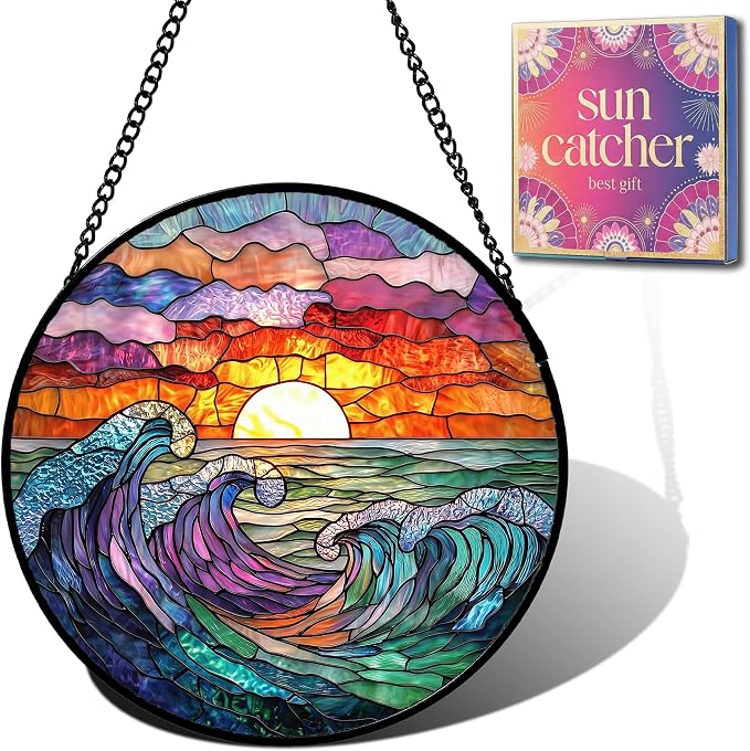 Beach Gifts for Mom - Sunrise Waves Faux Stained Glass Window Hanging Sun Catcher for Door Garden Acrylic Decor Mother's Day Birthday Stocking Stuffer Gift for Women Nana Friend Men Grandma 7.8"