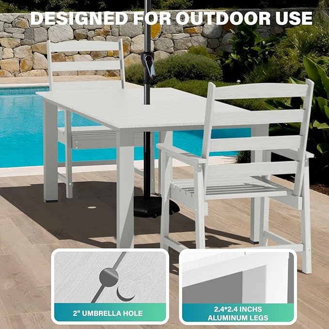 LOUNZY 9 Pieces Patio Dining Sets, 90'' Table Outdoor HDPE Furniture Set w/ 2" Hole Cut-Out Dining Table with 8 Patio Chairs for Lawn, Pool and Yard, White