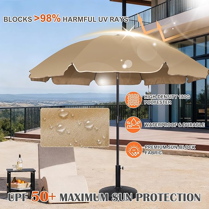 Blissun 6.5ft Patio Umbrella with Push Button Tilt & Height Adjustable, UV50+ Sun Protection with Sturdy Fiberglass Ribs & Iron Pole, Market Umbrella for Outdoor Table Garden Backyard Beach